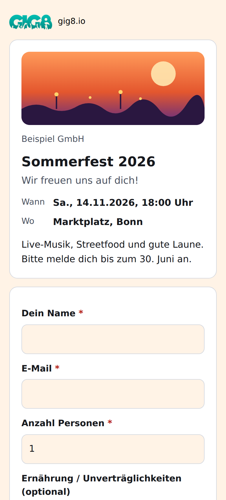 Gestaltete Anmeldeseite für Gäste auf dem Handy (Beispieldaten)