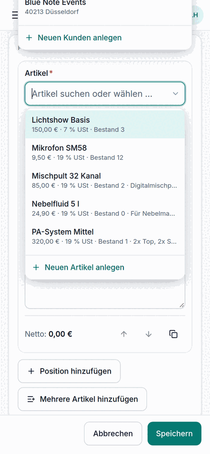 Rechnungseditor auf dem Handy mit Artikelsuche (Beispieldaten)