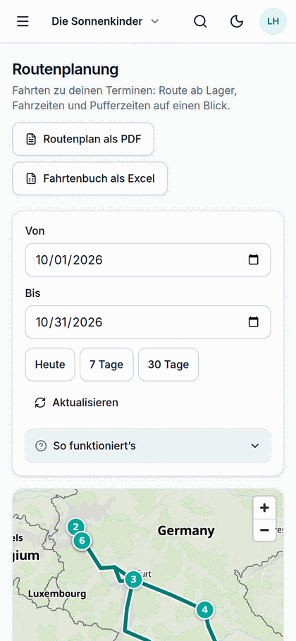 Routenplanung auf dem Handy mit Karte und Route zwischen den Tourterminen (Beispieldaten)