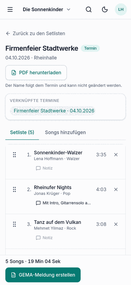Setlisten-Editor auf dem Handy (Beispieldaten)