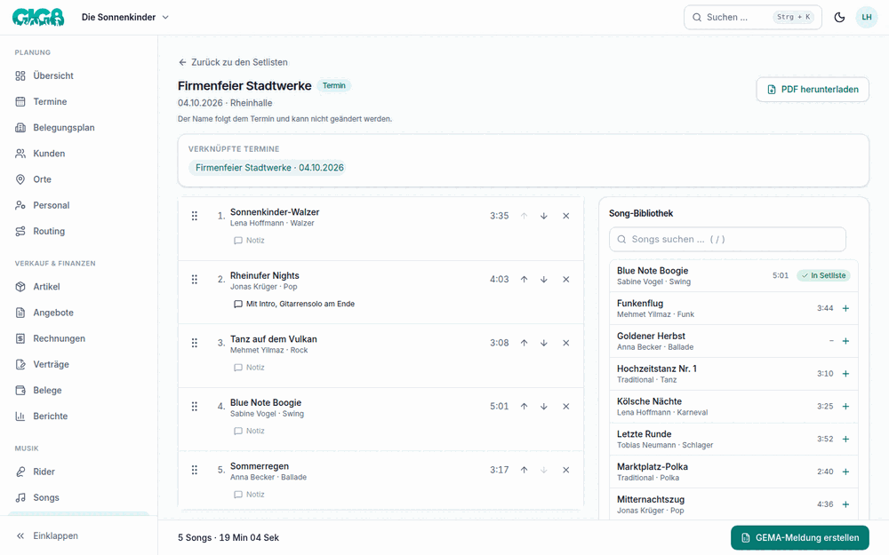 Setlisten-Editor mit Songliste, Song-Bibliothek und Laufzeit (Beispieldaten)